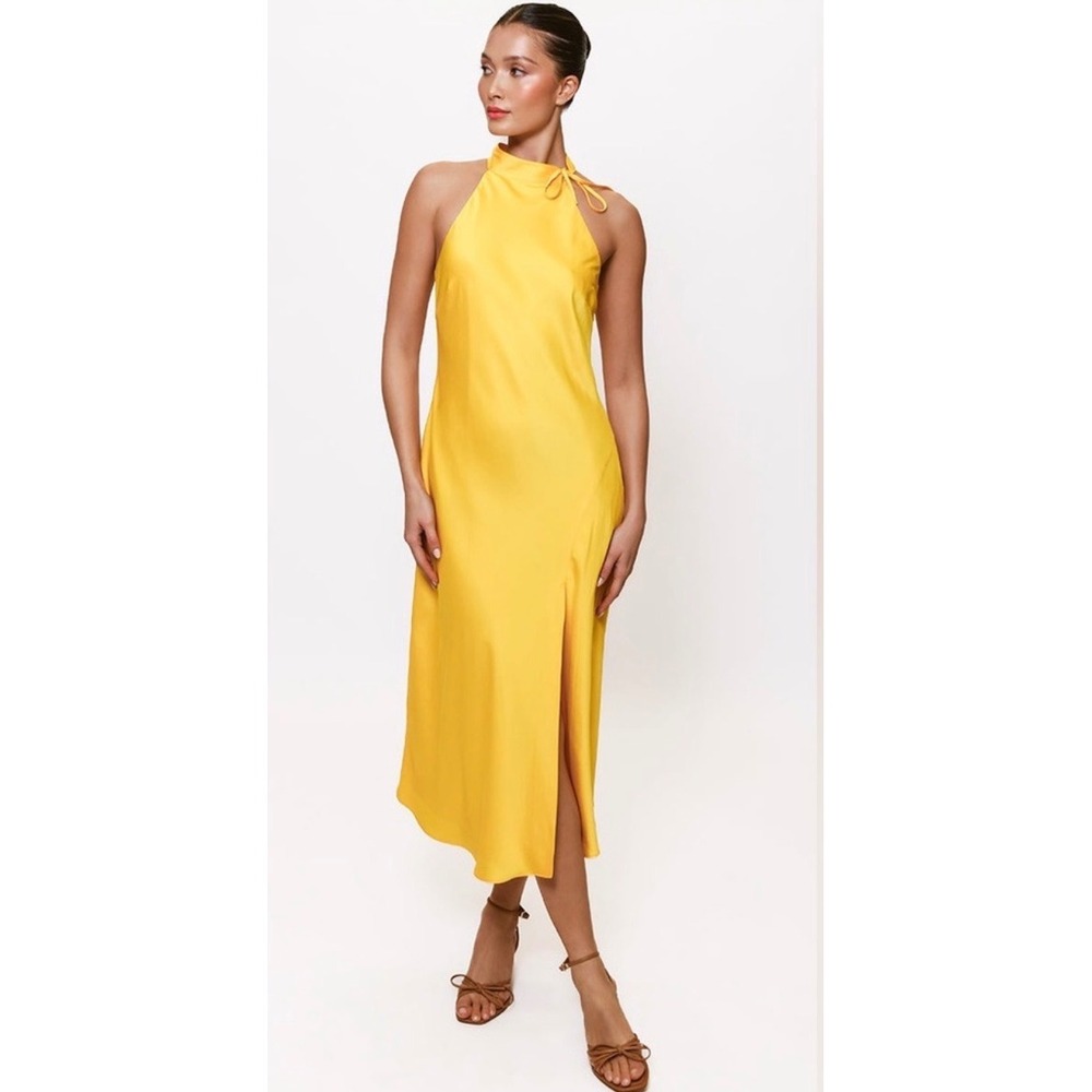 New! Hutch Mari Halter Midi Dress Yellow Daffodil Satin Sz Small